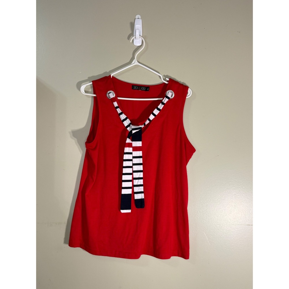 ZO & CO Red Sleeveless V-Neck Top Nautical Striped Tie Detail Size L